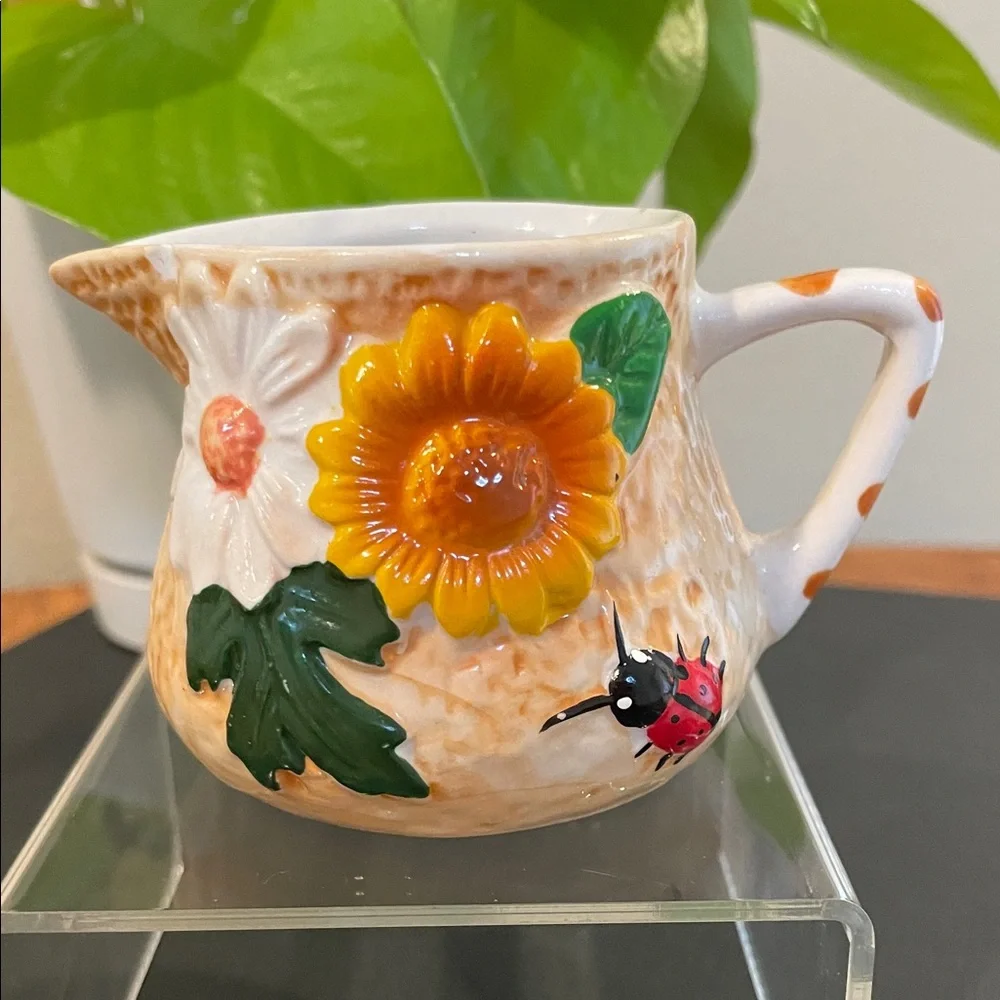 Vintage Casa Nova Sugar & Creamer Set | Sunflowers & Ladybugs | Ceramic Tray